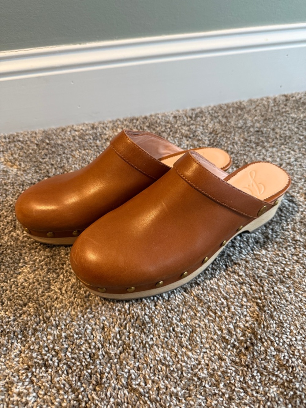 J. Crew Convertible Leather Studded Embellished Wood Sole Clogs Shoe, Sz 8 Brown